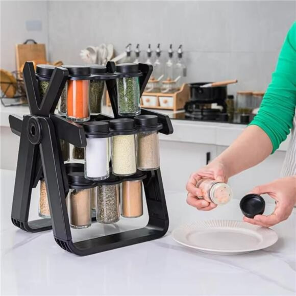 Rotating spice rack organizer with 18 glass jars 360 turntable kitchen storage s - Picture 7 of 8